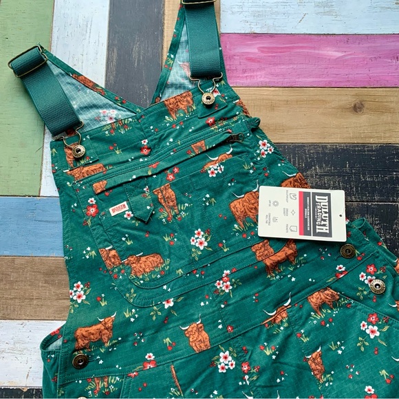 NWT Duluth Small x29” Heirloom Gardening Overalls Peninsula Green Highland Cow - Picture 1 of 8
